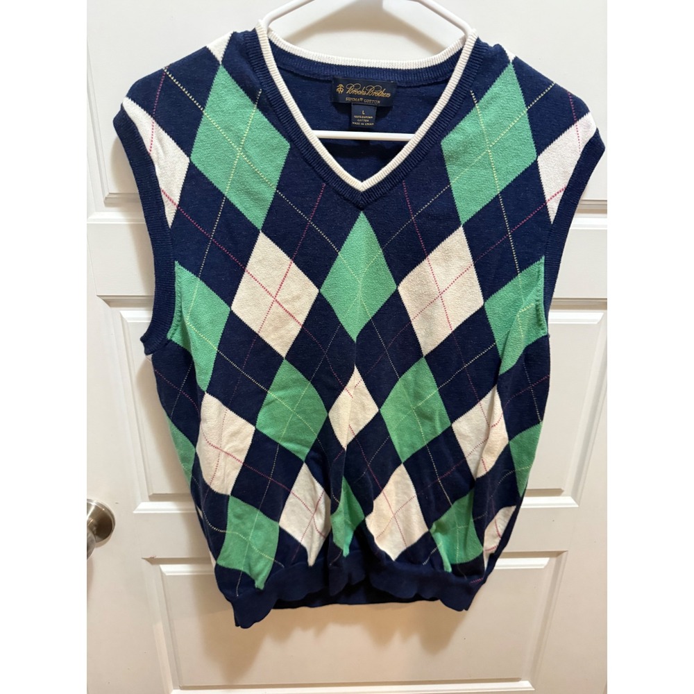 Brooks Brothers Mens Argyle V Neck Sweater Vest Large Navy Green Supima Cotton